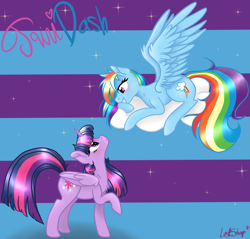 Size: 2439x2331 | Tagged: safe, artist:lostsheep, derpibooru import, rainbow dash, twilight sparkle, twilight sparkle (alicorn), alicorn, pegasus, pony, blushing, cloud, female, folded wings, horn, lesbian, looking at each other, looking at someone, shipping, sparkles, spread wings, twidash, wings