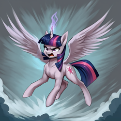 Size: 1024x1024 | Tagged: safe, ai content, derpibooru import, machine learning generated, twilight sparkle, twilight sparkle (alicorn), alicorn, angry, collarbone, female, magic, solo, spread wings, wings