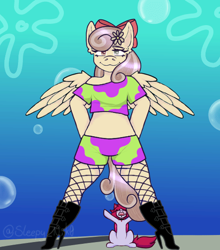 Size: 500x567 | Tagged: safe, artist:sleepy_nik0, derpibooru import, oc, oc only, oc:peach blossom, anthro, pegasus, bow, clothes, fishnet stockings, flower, flower in hair, glass eye, hair bow, heterochromia, high heels, hooves on hips, shoes, size difference, solo, spongebob squarepants