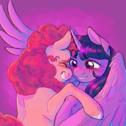 Size: 1700x1700 | Tagged: safe, artist:abbytabbys, derpibooru import, pinkie pie, twilight sparkle, twilight sparkle (alicorn), alicorn, earth pony, pony, blushing, cuddling, eyes closed, female, grin, happy, lesbian, shipping, smiling, twinkie