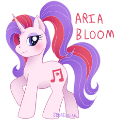 Size: 1414x1478 | Tagged: safe, artist:serasugee, derpibooru import, oc, oc only, pony, unicorn, blushing, eyeshadow, female, long hair, makeup, mare, music notes, pink fur, ponytail, simple background, smug, solo, white background