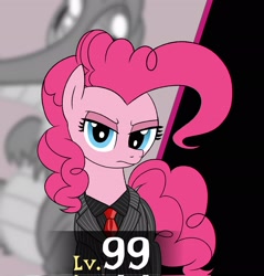 Size: 1954x2048 | Tagged: safe, artist:legendoflink, derpibooru import, gummy, pinkie pie, alligator, earth pony, pony, bodyguard, clothes, female, frown, looking at you, mare, necktie, pinktober, staring at you, suit