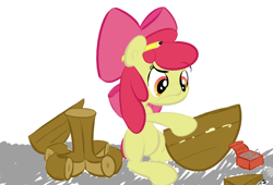 Size: 1080x733 | Tagged: safe, artist:elslowmo, artist:full stop, derpibooru import, apple bloom, earth pony, pony, colored, female, filly, foal, pencil, simple background, solo, table, white background