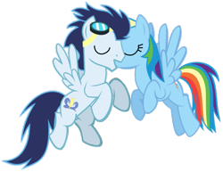 Size: 933x720 | Tagged: artist needed, safe, derpibooru import, rainbow dash, soarin', pegasus, pony, female, flying, kiss on the lips, kissing, male, mare, shipping, simple background, soarindash, stallion, straight, transparent background