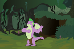 Size: 1417x939 | Tagged: safe, artist:alexeigribanov, artist:swiftgaiathebrony, derpibooru import, spike, dragon, adult, adult spike, cave, caveman, chest beating, chest pounding, eyes closed, gigachad spike, jungle, loincloth, muscles, older, older spike, prehistoric, solo, tarzan, winged spike, wings