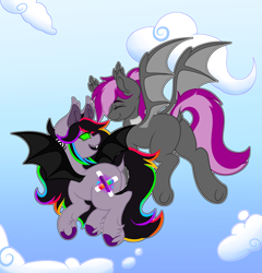 Size: 2300x2400 | Tagged: safe, artist:woofpoods, derpibooru import, oc, oc:bitwise operator, oc:strobestress, bat pony, pegasus, pony, background, bat pony oc, best friends, blue sky, butt, cloud, dock, ear fluff, ear piercing, ears, female, flying, gauges, glowstick, green eyes, long tail, mare, piercing, platonic, plot, possessed, possession, sharp teeth, sky, smiling, spread wings, tail, teeth, underhoof, unshorn fetlocks, wings