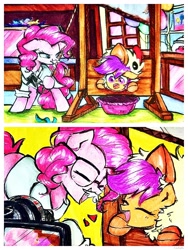 Size: 3935x5246 | Tagged: safe, artist:liaaqila, derpibooru import, pinkie pie, scootaloo, earth pony, pegasus, pony, animal costume, camera, cardboard, chicken suit, clothes, colonel sanders, comic, costume, crayon drawing, cute, dark comedy, emanata, eyes closed, glasses, guillotine, halloween, holiday, laughing, open mouth, open smile, playing, pose, scootachicken, smiling, sugarcube corner, traditional art