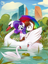 Size: 2821x3756 | Tagged: safe, artist:nevobaster, derpibooru import, rarity, oc, oc:rml, bird, swan, blue sky, bow, bowtie, canon x oc, city, cloud, cute, female, forest, lake, male, mare, skyscraper, stallion, swan boat, umbrella, water