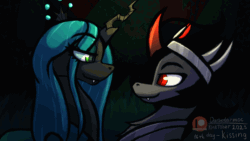 Size: 1280x720 | Tagged: safe, artist:darbedarmoc, derpibooru import, king sombra, queen chrysalis, changeling, changeling queen, pony, unicorn, animated, chrysombra, crown, female, forest, french kiss, gif, jewelry, kinktober, kinktober 2023, kissing, looking at each other, looking at someone, male, regalia, shipping, straight