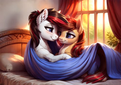 Size: 2176x1536 | Tagged: safe, ai content, derpibooru import, machine learning generated, earth pony, pony, bed, ear fluff, ears, pillow, window