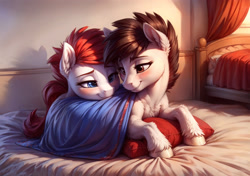 Size: 2176x1536 | Tagged: safe, ai content, derpibooru import, machine learning generated, earth pony, pony, bed, chest fluff, ear fluff, ears, pillow