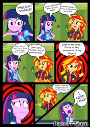 Size: 738x1045 | Tagged: safe, artist:paco777yuyu, derpibooru import, edit, sunset shimmer, twilight sparkle, equestria girls, comic, crazy face, cute, duo, duo female, faic, female, hypnosis, hypnotized, lockers