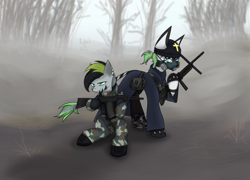 Size: 4225x3039 | Tagged: safe, artist:ashel_aras, derpibooru import, oc, oc only, pony, zebra, armor, background, clothes, duo, female, fog, military uniform, raincoat, uniform, weapon, zebra oc