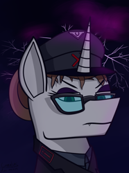 Size: 1248x1680 | Tagged: safe, artist:carolus rex, derpibooru import, oc, oc only, pony, unicorn, equestria at war mod, clothes, female, glasses, hat, horn, lightning, mare, military uniform, pony oc, solo, storm, unicorn oc, uniform