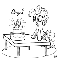 Size: 750x750 | Tagged: safe, artist:ebbysharp, derpibooru import, pinkie pie, pony, cake, food, monochrome, simple background, solo, white background