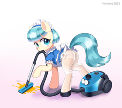 Size: 2432x2153 | Tagged: safe, artist:vinilyart, derpibooru import, coco pommel, earth pony, pony, butt, cleaning, dock, female, gradient background, hatbutt, maid, mare, mouth hold, noo-noo, pantyhose, plot, shoes, solo, teletubbies, vacuum cleaner