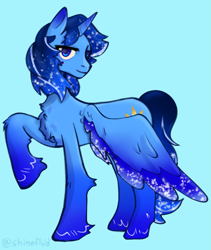 Size: 2107x2500 | Tagged: artist needed, source needed, safe, derpibooru import, oc, oc only, oc:blue thunder, alicorn, blue background, blue eyes, looking at you, male, simple background, solo, spread wings, wings