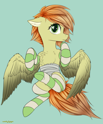 Size: 3000x3600 | Tagged: safe, artist:nutellaenjoyer, derpibooru import, oc, oc only, oc:peachy, pegasus, pony, bondage, chest fluff, clothes, green background, medical bondage, simple background, socks, solo, striped socks