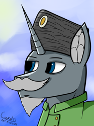 Size: 1248x1680 | Tagged: safe, artist:carolus rex, derpibooru import, oc, oc only, pony, unicorn, equestria at war mod, beard, blue eyes, clothes, ear fluff, ears, equestria rises still (equestria at war submod), facial hair, gradient background, hat, male, moustache, solo, stallion, uniform