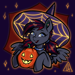 Size: 2048x2048 | Tagged: safe, artist:gigisarts, derpibooru import, oc, oc only, oc:darkshy, pegasus, pony, bust, clothes, commission, costume, cute, food, halloween, halloween 2023, halloween costume, hat, holiday, orange, pegasus oc, portrait, pumpkin, red and black mane, solo, witch hat