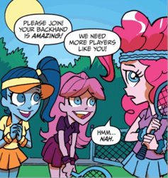 Size: 526x554 | Tagged: safe, derpibooru import, idw, pinkie pie, equestria girls, spoiler:comic, spoiler:comicannual2013, background human, clothes, female, skirt, tennis racket, unnamed character, unnamed human