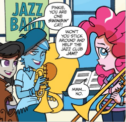 Size: 573x554 | Tagged: safe, derpibooru import, idw, octavia melody, pinkie pie, equestria girls, spoiler:comic, spoiler:comicannual2013, background human, clothes, female, trombone, unnamed character, unnamed human