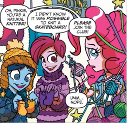 Size: 573x554 | Tagged: safe, derpibooru import, idw, pinkie pie, equestria girls, spoiler:comic, spoiler:comicannual2013, background human, cap, clothes, female, hat, knitting, knitting needles, sweater, unnamed character, unnamed human, yarn, yarn ball