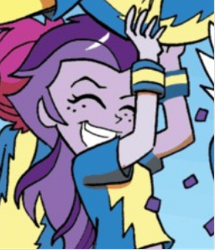 Size: 256x297 | Tagged: safe, derpibooru import, idw, equestria girls, spoiler:comic, spoiler:comicannual2013, background human, female, smiling, unnamed character, unnamed human