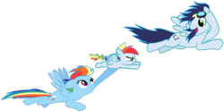 Size: 3500x1754 | Tagged: artist needed, safe, derpibooru import, rainbow dash, soarin', oc, oc:rainbow blitz, pegasus, pony, best parents, colt, female, flying, foal, male, mare, offspring, parent:rainbow dash, parent:soarin', parents:soarindash, shipping, simple background, soarindash, stallion, straight, transparent background