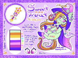 Size: 2224x1668 | Tagged: safe, artist:mychelle, derpibooru import, oc, oc:sweet treat, earth pony, pony, female, hat, mare, reference sheet, solo, witch hat
