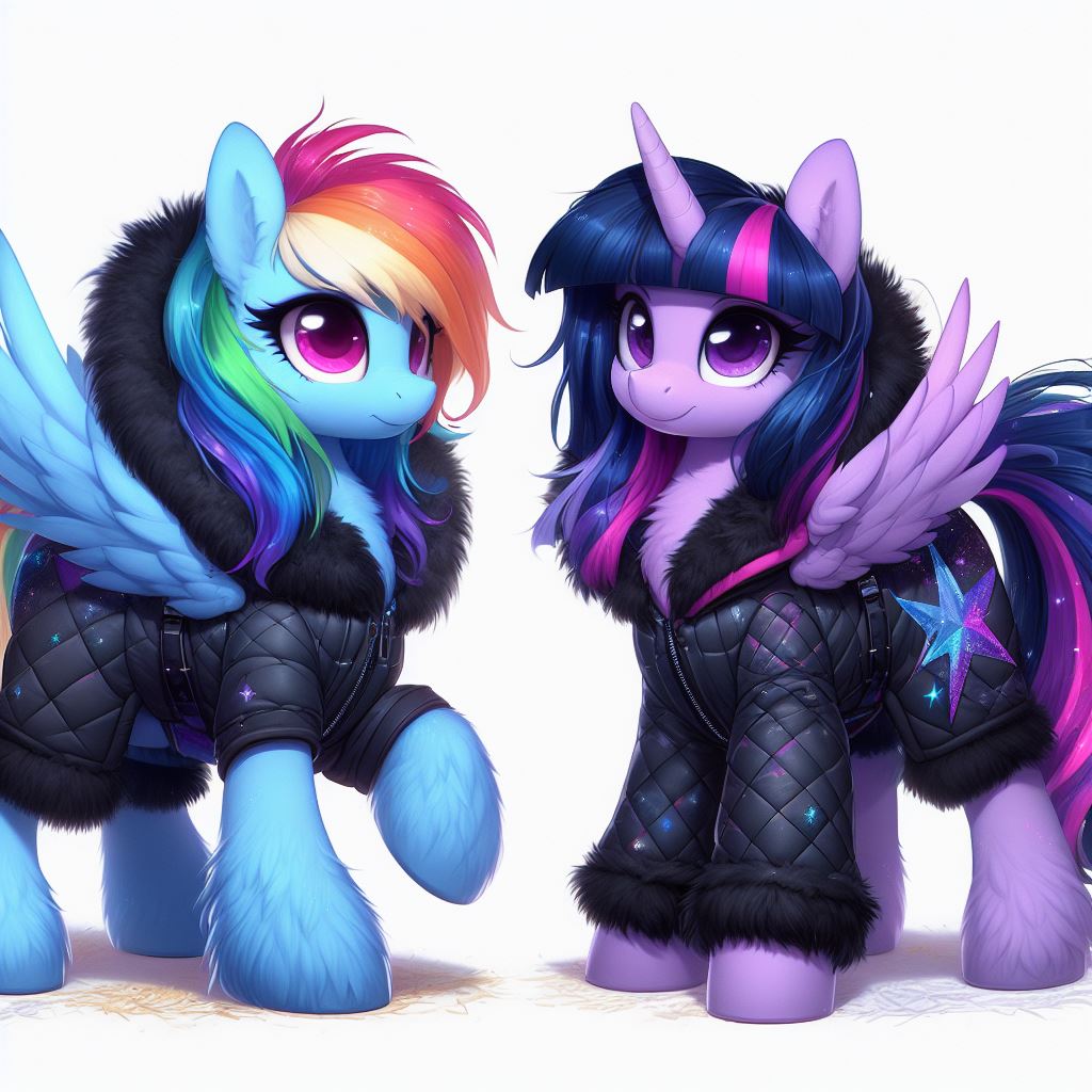 3456922 - safe, ai content, machine learning generated, rainbow dash, twilight  sparkle, twilight sparkle (alicorn), alicorn, pegasus, pony, bing, clothes,  cutie mark on clothes, female, fluffy, mare, matching outfits, rainbow dash  always