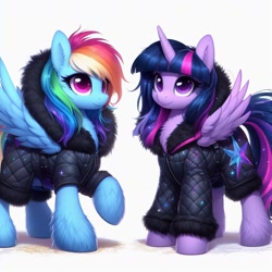 Size: 1024x1024 | Tagged: safe, ai content, machine learning generated, rainbow dash, twilight sparkle, twilight sparkle (alicorn), alicorn, pegasus, pony, bing, clothes, cutie mark on clothes, female, fluffy, mare, matching outfits, rainbow dash always dresses in style, simple background, white background, winter outfit
