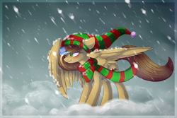Size: 3000x2000 | Tagged: safe, artist:starlyfly, derpibooru import, oc, oc only, oc:ketchup, pegasus, pony, clothes, female, hat, high res, mare, one eye closed, pegasus oc, scarf, signature, snow, snowfall, solo, striped scarf, wings, winter