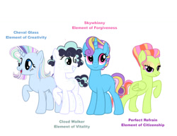 Size: 1018x785 | Tagged: safe, artist:emeraldjeweltm, artist:frostcorpsclub, derpibooru import, oc, oc only, oc:cheval glass, oc:cloud walker, oc:perfect refrain, oc:skywhinny, earth pony, pegasus, unicorn, base used, curly hair, earth pony oc, element of citizenship, element of creativity, element of forgiveness, element of vitality, eyeshadow, female, headcanon, horn, makeup, mane four, mare, pegasus oc, simple background, unicorn oc, white background