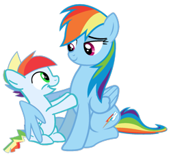 Size: 1143x1058 | Tagged: artist needed, safe, derpibooru import, rainbow dash, oc, oc:rainbow blitz, pegasus, pony, colt, female, foal, male, mare, mother and child, mother and son, offspring, parent and child, parent:rainbow dash, parent:soarin', parents:soarindash, simple background, transparent background