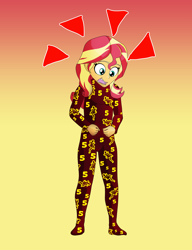 Size: 3000x3900 | Tagged: safe, artist:lullabyjak, derpibooru import, sunset shimmer, human, equestria girls, age regression, child, clothes, commission, emanata, footed sleeper, footie pajamas, gradient background, onesie, pajamas, solo, younger