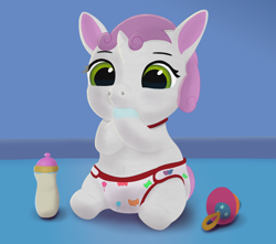 Size: 2700x2391 | Tagged: safe, artist:sweetielover, derpibooru import, sweetie belle, pony, unicorn, g4, baby, baby belle, baby bottle, baby pony, crossover, cute, daaaaaaaaaaaw, diaper, diasweetes, female, foal, high res, hoof sucking, nursery, rattle, solo, style emulation, t.o.t.s., younger