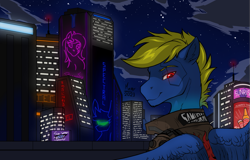 Size: 1687x1080 | Tagged: safe, artist:monolith_skyline, derpibooru import, oc, oc only, oc:cobalt thunder, pegasus, pony, background, city, clothes, cyberpunk, cyberpunk 2077, looking at you, looking back, male, night, night city, pegasus oc, red eyes, smiling, smiling at you, solo, spread wings, stallion, starry night, stars, wings