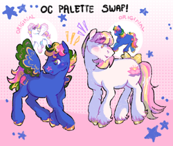 Size: 1968x1660 | Tagged: safe, artist:poniesart, derpibooru import, oc, oc only, oc:starsketch, oc:sunbeau, earth pony, pegasus, pony, bow, earth pony oc, palette swap, pegasus oc, recolor, tail, tail bow