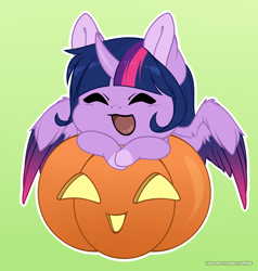 Size: 1428x1500 | Tagged: safe, artist:volodyanocturne, derpibooru import, twilight sparkle, twilight sparkle (alicorn), alicorn, pony, commission, cute, eyes closed, female, gradient background, halloween, holiday, jack-o-lantern, mare, open mouth, open smile, outline, pumpkin, signature, smiling, solo, twiabetes, white outline, ych result