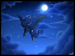 Size: 1280x960 | Tagged: safe, artist:binibean, derpibooru import, princess luna, alicorn, pony, cloud, female, flying, full moon, mare, moon, night, solo