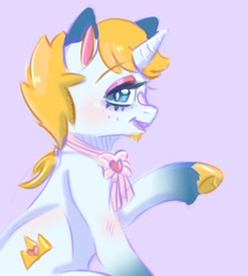 Size: 1800x2000 | Tagged: safe, artist:erieillustrates, derpibooru import, oc, oc only, oc:prince tenderhoof, pony, unicorn, blushing, horn, lavender background, looking at you, male, open mouth, open smile, ponified, raised hoof, raised leg, signature, simple background, sitting, smiling, species swap, stallion, unshorn fetlocks