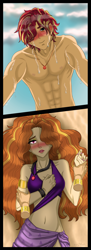 Size: 1745x4814 | Tagged: safe, artist:daazzlin, derpibooru import, adagio dazzle, sunset glare, sunset shimmer, better together, equestria girls, abs, adagiglare, beach, blushing, bracelet, clothes, duo, equestria guys, female, half r63 shipping, jewelry, male, necklace, rule 63, shipping, straight, sunsagio