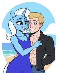 Size: 512x640 | Tagged: safe, ai content, derpibooru import, machine learning generated, trixie, anthro, human, beach, breasts, clothes, delicious flat chest, dress, duo, female, human on anthro action, interspecies, jacket, male, muscles, ryan gosling, small breasts, straight, wrong eye color