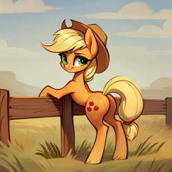 Size: 1024x1024 | Tagged: safe, ai content, derpibooru import, machine learning generated, applejack, earth pony, pony, applebutt, bipedal, bipedal leaning, butt, cute, cutie mark, female, fence, grass, jackabetes, leaning, looking at you, looking back, looking back at you, mare, prompter:nowiveawoken, smiling, solo