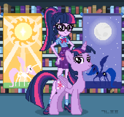 Size: 850x800 | Tagged: safe, artist:gonicfanfic, derpibooru import, princess celestia, princess luna, sci-twi, twilight sparkle, twilight sparkle (alicorn), alicorn, human, pony, equestria girls, banner, book, bookshelf, duo, female, hand on hip, human ponidox, library, looking at you, mare, pixel art, self paradox, self ponidox, smiling, smiling at you, twolight