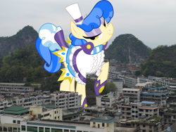 Size: 2048x1536 | Tagged: safe, artist:dashiesparkle edit, derpibooru import, edit, editor:jaredking779, sapphire shores, earth pony, pony, china, clothes, eyeshadow, female, giant pony, giantess, guilin, hat, highrise ponies, irl, lidded eyes, looking at you, macro, makeup, mare, photo, ponies in real life, raised hoof, raised leg, smiling, solo, story included