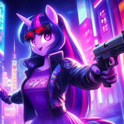 Size: 1024x1024 | Tagged: safe, ai content, derpibooru import, generator:bing image creator, generator:dall-e 3, machine learning generated, twilight sparkle, anthro, equestria girls, city, cyberpunk, glasses, gun, handgun, night, pistol, solo, weapon