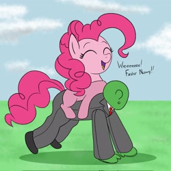 Size: 2048x2048 | Tagged: safe, artist:legendoflink, derpibooru import, pinkie pie, oc, oc:anon, earth pony, human, pony, clothes, costume, cute, diapinkes, eyes closed, female, mare, open mouth, open smile, pinktober, ponies riding humans, riding, smiling, solo