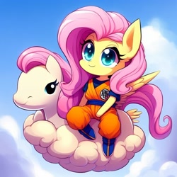 Size: 1024x1024 | Tagged: safe, ai content, derpibooru import, machine learning generated, fluttershy, anthro, pegasus, clothes, cosplay, costume, cute, dragon ball, female, kinto'un, mare, prompter:chadwoo0720, shyabetes, sitting, smiling, solo, son goku